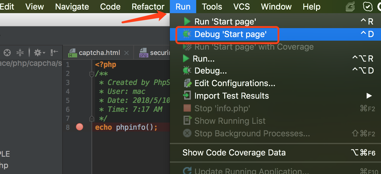 debug via php web page - start page.png